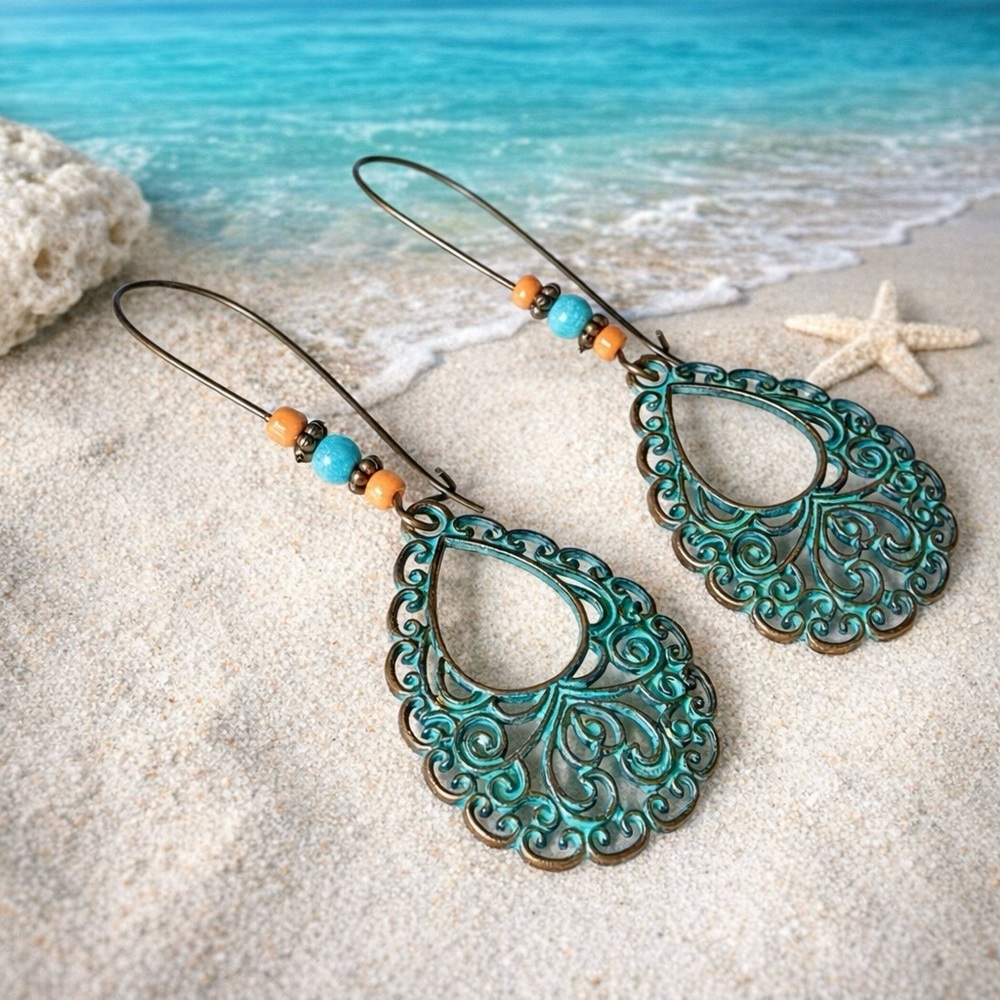Teardrop Dangle Filigree Turquoise Bronze Breezy Cowgirl Coastal Summer Country